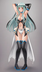 Rule 34 | 1girl, absurdres, alternate costume, aqua hair, armpits, arms up, asymmetrical gloves, black footwear, black gloves, black thighhighs, blush, boots, breasts, circlet, cleavage, collarbone, commission, fire emblem, fire emblem: the blazing blade, gloves, gluteal fold, grey background, groin, hazuki (nyorosuke), high heel boots, high heels, highres, large breasts, long hair, midriff, navel, ninian (fire emblem), nintendo, panties, red eyes, simple background, skeb commission, skull, solo, thigh boots, thighhighs, torn clothes, underwear, white panties