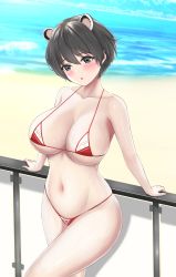 Rule 34 | 1girl, animal ears, bare arms, bare shoulders, bikini, black hair, blue archive, blue sky, blush, breasts, cloud, cloudy sky, collarbone, commentary, day, grey eyes, highleg, highleg bikini, highleg swimsuit, highres, large breasts, navel, ocean, open mouth, outdoors, shadow, shiny skin, short hair, simple background, sky, stomach, swimsuit, thighs, tsubaki (blue archive), vik (xypt7474)