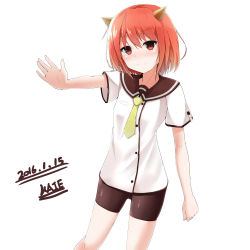 Rule 34 | 2016, absurdres, bad id, bad pixiv id, bike shorts, black shorts, dated, eyebrows, highres, horns, kaieee, original, outstretched arm, red eyes, red hair, shirt, short hair, short shorts, shorts, simple background, smile, solo, white background, white shirt