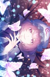Rule 34 | 1girl, blue headwear, blurry, blurry background, bug, butterfly, exif rotation, highres, insect, looking at viewer, pink eyes, pink hair, saigyouji yuyuko, short hair, smile, solo, star (symbol), toraneko 2, touhou, triangular headpiece, upper body