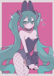 Rule 34 | 1girl, absurdres, animal ears, aqua eyes, aqua hair, aqua nails, arm warmers, black choker, black leotard, blush, breasts, choker, commentary, cowboy shot, expressionless, fake animal ears, fishnet pantyhose, fishnets, hakudaku, hatsune miku, highres, leotard, long hair, looking at viewer, oversized breast cup, pantyhose, pink background, playboy bunny, rabbit ears, small breasts, solo, sparkle, twintails, very long hair, vocaloid