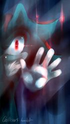Rule 34 | 1boy, against glass, animal ears, artist name, black hair, furry, furry male, gloves, glowing, glowing eyes, hand up, highres, looking at viewer, male focus, multicolored hair, red eyes, red hair, shadow the hedgehog, solo, sonic (series), spacecolonie, standing, tumblr username, two-tone hair, white gloves, wide-eyed