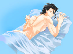 Rule 34 | 1boy, ass, back, bed sheet, black hair, blue background, butt crack, diarmuid ua duibhne (lancer) (fate), fate (series), highres, looking at viewer, male focus, mj (cuzbien), mole, mole under eye, naked sheet, nipples, simple background, under covers