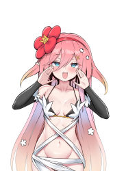 Rule 34 | 1girl, absurdres, bikini, bikini top only, blue eyes, breasts, collarbone, detached sleeves, duel monster, flower, groin, hair flower, hair ornament, hairclip, highres, kumarang, long hair, medium breasts, midriff, navel, open mouth, pink hair, simple background, solo, swimsuit, traptrix rafflesia, very long hair, white background, yu-gi-oh!