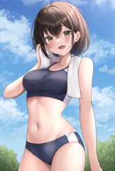 Rule 34 | 1girl, :d, arm at side, bare arms, bare shoulders, blue buruma, blue sky, blue sports bra, blush, breasts, brown eyes, brown hair, buruma, cloud, commentary request, commission, cowboy shot, crossed bangs, day, hand up, highres, medium breasts, midriff, nakaji (user snap3353), navel, open mouth, original, outdoors, short hair, skeb commission, sky, smile, solo, sports bikini, sports bra, sweat, towel, towel around neck, track uniform, tree, wiping sweat
