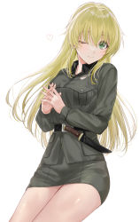 Rule 34 | 1girl, ;), anzio military uniform, belt, black belt, black shirt, blonde hair, carpaccio (girls und panzer), closed mouth, commentary, cowboy shot, dress shirt, girls und panzer, green eyes, grey jacket, grey skirt, heart, highres, interlocked fingers, jacket, knife, long hair, long sleeves, looking at viewer, mexif, military, military uniform, miniskirt, one eye closed, own hands together, pencil skirt, shirt, simple background, skirt, smile, solo, standing, tight skirt, uniform, white background, wing collar