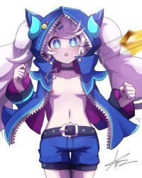 Rule 34 | 1girl, :o, belt, blue eyes, blue shorts, blush, breasts, chiliarch (elsword), demon girl, demon horns, elsword, hair ornament, hairclip, highres, hood, hoodie, horns, jacket, long hair, looking at viewer, luciela r. sourcream, midriff, nail polish, navel, nipples, no bra, open clothes, open mouth, pink nails, shaded face, short shorts, shorts, simple background, small breasts, solo, star-shaped pupils, star (symbol), symbol-shaped pupils, thighhighs, twintails, unzipped, very long hair, watermark, white hair