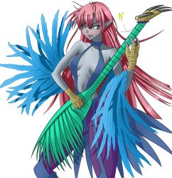 Rule 34 | 1girl, aqua eyes, bad id, bad pixiv id, collarbone, colored skin, feathers, grey skin, guitar, harpie lady, harpie lady (normal monster), harpie lady 1, harpy, highres, instrument, long hair, monster girl, open mouth, pink hair, pointy ears, solo, standing, talons, tipsypaipai, winged arms, wings, yu-gi-oh!
