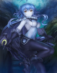 Rule 34 | 10s, 1girl, abyssal ship, ahoge, air bubble, arms at sides, ass, backless outfit, bare shoulders, black gloves, blue hair, bodysuit, breasts, bubble, cane, cape, colored skin, covered navel, expressionless, floating hair, frills, from side, gloves, glowing, glowing eyes, kantai collection, large breasts, leggings, long hair, medium breasts, mizuya nao, pale skin, rock, short hair with long locks, sideboob, silver hair, solo, submerged, swimming, thighs, underwater, water, white skin, wo-class aircraft carrier, yellow eyes