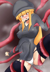 Rule 34 | 1girl, black choker, black thighhighs, blonde hair, blunt bangs, blush, breasts, breath, cabbie hat, choker, clenched hand, collarbone, constricted pupils, covered erect nipples, covered navel, dress, fang, female focus, garter straps, grey dress, grey hat, hand up, hat, highres, jpeg artifacts, large breasts, long hair, long sleeves, looking down, nose blush, open mouth, original, panties, red background, red eyes, restrained, saliva, simple background, skindentation, solo, spread legs, steam, sweat, tears, tentacles, tentacles under clothes, textless version, thighhighs, trembling, umagoya mochi, underwear, white panties