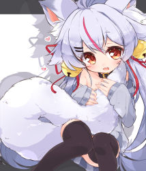Rule 34 | 1girl, :3, animal ear fluff, animal ears, bell, black thighhighs, collar, commission, fang, fox ears, fox tail, grey sweater, hair ornament, hairclip, heart, highres, holding, holding with tail, jingle bell, kamiko kana, long hair, long tail, off shoulder, open mouth, perorisu, pixiv commission, prehensile tail, red eyes, ribbon, silver hair, smile, solo, sweater, tail, thighhighs, tsunderia, very long hair, virtual youtuber