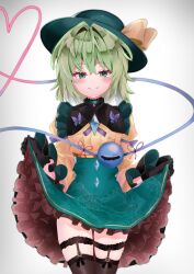 Rule 34 | 1girl, adapted costume, black thighhighs, butterfly ornament, clothes lift, floral print, green eyes, green hair, green skirt, highres, jacket, komeiji koishi, looking at viewer, meteor (yamashou), skirt, skirt lift, smile, solo, thighhighs, thighs, touhou, white background, yellow jacket