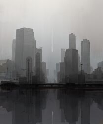 Rule 34 | absurdres, bridge, building, city, cityscape, contrail, day, highres, kgt (pixiv12957613), lake, lamppost, no humans, original, outdoors, overcast, reflection, reflective water, scenery, sky, skyscraper