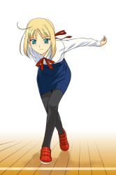 Rule 34 | 00s, 1girl, a1 (initial-g), ahoge, alternate costume, aqua eyes, arm behind back, artoria pendragon (all), artoria pendragon (fate), bent over, black pantyhose, blonde hair, blouse, blush, bowling, breasts, crossed legs, fate/stay night, fate (series), frown, full body, gradient background, green eyes, hair ribbon, indoors, long sleeves, looking at viewer, outstretched arms, pantyhose, parted bangs, pencil skirt, ribbon, saber (fate), shadow, shirt, shoes, short hair, sidelocks, skirt, small breasts, solo, standing, throwing, tiptoes, white shirt, wooden floor