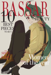 Rule 34 | 1girl, black necktie, boots, brown footwear, commentary request, cover, creatures (company), earrings, english text, eyelashes, fake magazine cover, from side, game freak, gloves, green hair, grey background, hair between eyes, highres, jewelry, long hair, looking to the side, magazine cover, necktie, nintendo, pants, parted lips, pokemon, pokemon sv, red eyes, rika (pokemon), shirt, simo tori, sleeves rolled up, solo, suspenders, yellow shirt