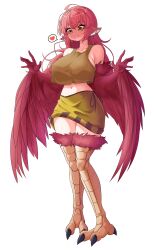 Rule 34 | 1girl, absurdres, ahoge, animal ear fluff, animal ears, averting eyes, bare shoulders, bird legs, blush, breasts, closed mouth, coco (eogks), collarbone, commentary request, dot nose, feather trim, feathered wings, feathers, full-face blush, full body, hair between eyes, harpy, highres, knees together feet apart, large breasts, long hair, long neck, midriff, monster girl, nangmanheeyou, navel, open hands, original, red feathers, red hair, red wings, sidelighting, simple background, sleeveless, solo, speech bubble, split mouth, talons, white background, winged arms, wings, yellow eyes