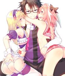 Rule 34 | 3boys, androgynous, ass, astolfo (fate), astolfo (sailor paladin) (fate), bespectacled, black bow, black hair, blonde hair, blue eyes, blush, bow, braid, chevalier d&#039;eon (fate), command spell, fang, fate/apocrypha, fate/grand order, fate (series), fujimaru ritsuka (male), garter straps, glasses, hair ribbon, hand in panties, long hair, looking at viewer, male focus, multicolored hair, multiple boys, nipples, official alternate costume, open mouth, p answer, panties, pink hair, purple eyes, red sailor collar, red skirt, ribbon, sailor collar, single braid, skin fang, skirt, streaked hair, trap, underwear, yaoi