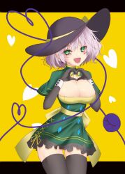 Rule 34 | 1girl, :d, adapted costume, black gloves, black hat, black thighhighs, breasts, cleavage, dai zu san, facial tattoo, gloves, green eyes, grey hair, hat, hat ribbon, heart, heart-shaped pupils, heart hands, heart of string, heart tattoo, highres, koishi day, komeiji koishi, large breasts, letterboxed, looking at viewer, open mouth, ribbon, short hair, smile, solo, symbol-shaped pupils, tattoo, thighhighs, third eye, touhou, white hair, yellow background, yellow ribbon