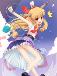 Rule 34 | 1girl, armpits, arms up, ass, blonde hair, chain, clenched hands, cuffs, fangs, female focus, horns, ibuki suika, kneepits, legs, long hair, looking at viewer, looking back, niiya, no panties, open mouth, orange eyes, outstretched arms, petite, sleeveless, solo, ^^^, touhou, upskirt