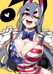 Rule 34 | 1girl, absurdres, american flag swimsuit, animal ears, blue bow, blue bowtie, blush, bongfill, bow, bowtie, clothes lift, grey hair, heart, highres, looking at viewer, one-piece swimsuit, open mouth, original, purple eyes, rabbit ears, rabbit girl, rabbit tail, simple background, smile, solo, speech bubble, spoken heart, swimsuit, swimsuit lift, tail, tank (bongfill), teeth, tongue, upper teeth only, yellow background