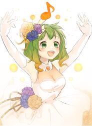 Rule 34 | 1girl, absurdres, armpits, arms up, autore triangle, breasts, brooch, cleavage, collared dress, commentary, dress, dress flower, elbow gloves, flower, gloves, green eyes, green hair, gumi, hair flower, hair ornament, highres, jewelry, multicolored hair, musical note, open mouth, orange hair, sleeveless, sleeveless dress, smile, solo, vocaloid