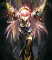 Rule 34 | 1girl, armpits, aura, bad id, bad pixiv id, black thighhighs, cable, captured, caught, darkness, closed eyes, female focus, kaineri, long hair, megurine luka, pink hair, solo, thighhighs, vocaloid