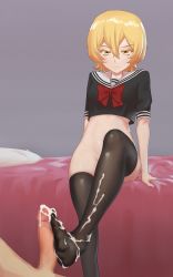 Rule 34 | 10s, 1boy, 1girl, angry, bed, black thighhighs, blonde hair, blush, bottomless, breasts, censored, cum, cum on body, cum on feet, cum on lower body, feet, footjob, grey background, groin, hetero, highres, mahou shoujo site, mosaic censoring, penis, school uniform, short hair, simple background, small breasts, solo focus, thighhighs, viroa, yatsumura tsuyuno, yellow eyes
