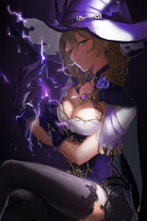 Rule 34 | 1girl, black gloves, black thighhighs, breasts, brown hair, cleavage, commentary request, crossed legs, dress, electricity, flower, genshin impact, gloves, green eyes, hair flower, hair ornament, hat, jewelry, lisa (genshin impact), long hair, looking at viewer, necklace, open mouth, purple flower, purple hat, rose, smile, solo, thighhighs, vision (genshin impact), witch hat, yamakawa umi