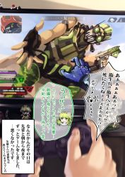 Rule 34 | 2girls, 3boys, absurdres, apex legends, chibi, commentary request, controller, dress, eyeball hair ornament, figure, focused, game controller, gas mask, green eyes, green hair, grey hair, gun, headset, highres, looking at viewer, mask, minimap, multiple boys, multiple girls, octane (apex legends), original, playing games, reaching, reaching towards viewer, rifle, shashaki, side ponytail, television, translation request, weapon
