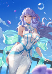 Rule 34 | 1girl, bare shoulders, blue sky, blush, breasts, bubble, character request, cloud, commentary request, covered navel, cowboy shot, day, dress, du mogu, hair between eyes, highres, large breasts, long hair, looking at viewer, maplestory, petals, pointy ears, purple eyes, purple hair, railing, shawl, sky, solo, standing, very long hair, white dress