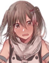 Rule 34 | 1girl, bare shoulders, black neckwear, blurry, blush, brown eyes, brown hair, depth of field, embarrassed, fishnets, full-face blush, grey scarf, hair between eyes, hair ornament, kantai collection, light particles, looking at viewer, neckerchief, necktie, rinto (rint rnt), scarf, sendai (kancolle), sendai kai ni (kancolle), short hair, simple background, solo, tareme, tassel, two side up, upper body, vest, wavy mouth, white background, wide-eyed