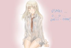 Rule 34 | 1girl, artoria pendragon (all), artoria pendragon (fate), blonde hair, blush, covered erect nipples, fate/stay night, fate (series), flat chest, hair down, long hair, naked shirt, necktie, saber (fate), saber alter, see-through, shirt, sitting, solo, sweat, tusia, wet, wet clothes, wet shirt, yellow eyes