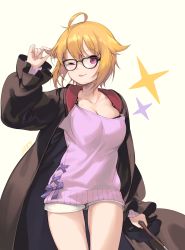 Rule 34 | 1girl, ;p, absurdres, ahoge, arm up, artist name, beige background, bespectacled, black-framed eyewear, black robe, blonde hair, breasts, cleavage, closed mouth, collarbone, cowboy shot, cross-laced clothes, fingernails, glasses, hair flaps, highres, holding, holding own hair, holding wand, ibuki tsubasa, idolmaster, idolmaster million live!, idolmaster million live! theater days, large breasts, long sleeves, looking at viewer, nys, off-shoulder sweater, off shoulder, one eye closed, open clothes, open robe, pink eyes, pink sweater, purple ribbon, ribbon, robe, short hair, shorts, sidelocks, simple background, smile, solo, sparkle background, standing, sweater, tongue, tongue out, wand, white shorts