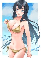 Rule 34 | 1girl, absurdres, agano (kancolle), bikini, black hair, blue eyes, blue sky, breasts, cleavage, cloud, dated, gold bikini, highres, kantai collection, large breasts, long hair, looking at viewer, one-hour drawing challenge, shiomugi (shio mugi1107), sky, solo, swimsuit, twitter username