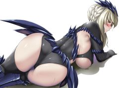 Rule 34 | 1girl, absurdres, armor, armpit peek, artoria pendragon (all), artoria pendragon (fate), artoria pendragon (lancer alter) (fate), ass, black leotard, black thighhighs, blonde hair, blush, braid, breasts, closed mouth, covered erect nipples, fate/grand order, fate (series), from behind, greaves, headgear, highres, hitotsuki nebura, large breasts, leotard, looking at viewer, looking back, pale skin, platinum blonde hair, profile, saber (fate), saber alter, sidelocks, solo, sweat, thighhighs, underboob, yellow eyes