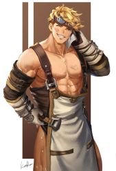 Rule 34 | 1boy, abs, alternate costume, anjingkuxiao, apron, bara, bare pectorals, bare shoulders, blonde hair, dirty, dirty face, goggles, goggles on head, granblue fantasy, green eyes, highres, large pectorals, looking at viewer, male focus, muscular, muscular male, one eye closed, overalls, pectorals, short hair, smile, solo, stomach, sweat, thighs, undressing, vane (granblue fantasy), white apron, wiping face