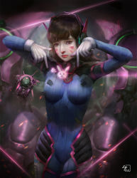 Rule 34 | 1girl, absurdres, animal print, arms up, blue bodysuit, bodysuit, breasts, brown eyes, brown hair, clothes writing, covered navel, cowboy shot, d.va (overwatch), dated, embers, eyelashes, facepaint, facial mark, gloves, headphones, heart, high collar, highres, hologram, impossible bodysuit, impossible clothes, light rays, long hair, looking at viewer, mecha, medium breasts, meka (overwatch), model, overwatch, overwatch 1, pilot suit, pink lips, pointing, pointing down, rabbit print, realistic, ribbed bodysuit, robot, shoulder pads, signature, skin tight, solo, swept bangs, wei chang, whisker markings, white gloves