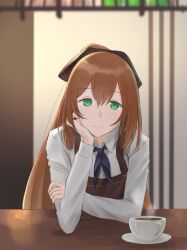 Rule 34 | 1girl, absurdres, apron, brown apron, brown hair, brown ribbon, coffee, collared shirt, commentary request, cup, girls&#039; frontline, green eyes, hair between eyes, hair ribbon, head rest, highres, indoors, long hair, looking at viewer, ponytail, ribbon, saucer, shirt, smile, solo, springfield (girls&#039; frontline), straight-on, tararelux, upper body, white shirt