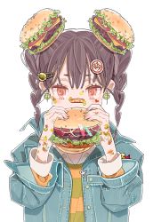 Rule 34 | 1girl, bandaid, blush, brown hair, burger, cheese, eating, fast food, food, food on face, hair ornament, hairclip, hamburger steak, highres, holding, holding food, jacket, lettuce, original, red eyes, tomato, twintails, vivinos