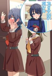 Rule 34 | 2girls, blue eyes, blue hair, blue ribbon, blue sweater, blush, bright pupils, brown dress, brown hair, clenched hands, closed mouth, commentary request, confession, dark blue hair, dress, embarrassed, flashback, full-face blush, hair ribbon, hand on own cheek, hand on own face, hasu no sora school uniform, highres, kachimachi kosuzu, kametora (kametora02), knocking, link! like! love live!, long hair, long sleeves, love live!, low twintails, medium dress, mole, mole on neck, multiple girls, murano sayaka, neckerchief, open mouth, pleated dress, print sweater, red neckerchief, ribbon, sailor collar, sailor dress, school uniform, side ahoge, sweater, thought bubble, tomato, translated, twintails, virtual youtuber, wavy mouth, white pupils, white sailor collar, winter uniform, yellow neckerchief