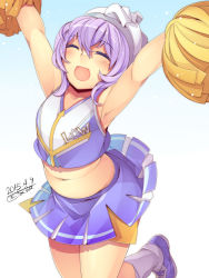Rule 34 | 1girl, :d, ^ ^, alternate costume, armpits, arms up, belly, blush, breasts, cheerleader, closed eyes, dated, closed eyes, highres, kokka han, letty whiterock, midriff, navel, open mouth, plump, pom pom (cheerleading), purple hair, short hair, signature, skirt, small breasts, smile, solo, touhou