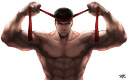 Rule 34 | +21yc (september breeze), 1boy, 21yc (september breeze), abs, artist name, backlighting, black hair, brown eyes, headband, highres, male focus, muscular, ryu (street fighter), signature, solo, street fighter, topless male, upper body