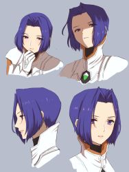Rule 34 | 1girl, closed mouth, from side, gloves, highres, looking at viewer, looking down, miang hawwa, profile, purple eyes, purple hair, short hair, simple background, smile, solo, xenogears, yamamori kinako