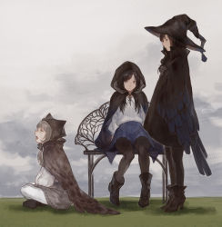 Rule 34 | 3girls, bench, black hair, blouse, blue skirt, brown eyes, cape, closed mouth, cloud, cloudy sky, collared cape, feathered cape, grey hair, grey skirt, hat, high heels, hood, hooded cape, indian style, long sleeves, looking at viewer, medium hair, multiple girls, neetiska, on bench, open mouth, original, ribbon, shirt, sitting, skirt, sky, white shirt, witch hat