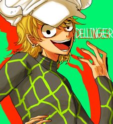 Rule 34 | 1boy, blonde hair, character name, dellinger (one piece), donquixote pirates, dressrosa, hat, highres, long sleeves, male focus, one piece, open mouth, simple background, smile, solo, trap
