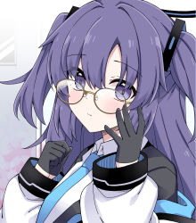 1girl adjusting_eyewear bespectacled black_gloves black_halo black_jacket blue_archive blue_necktie blush clenched_hand closed_mouth coat collared_shirt commentary_request glasses gloves hair_ornament halo hands_up highres jacket long_hair long_sleeves looking_at_viewer necktie off_shoulder portrait purple_eyes purple_hair rioshi shirt solo white_coat white_shirt yellow-framed_eyewear yuuka_(blue_archive)