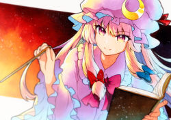 Rule 34 | 1girl, bad id, bad twitter id, blurry, blurry background, blurry foreground, book, bow, crescent, crescent hat ornament, depth of field, dress, hat, hat ornament, highres, holding, holding book, light particles, long hair, mob cap, open book, patchouli knowledge, purple eyes, qqqrinkappp, red bow, touhou