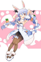 Rule 34 | 1girl, ;d, absurdres, animal ear fluff, animal ears, armband, armpits, arms up, black gloves, black leotard, blue hair, braid, breasts, carrot hair ornament, carrot print, commentary request, dress, flats, food-themed hair ornament, food print, frilled armband, frills, fur-trimmed dress, fur-trimmed gloves, fur scarf, fur trim, gazacy (dai), gloves, hair ornament, highres, hololive, leotard, long braid, long hair, looking at viewer, multicolored hair, one eye closed, open mouth, rabbit-shaped pupils, rabbit ears, rabbit girl, rabbit tail, red eyes, scarf, small breasts, smile, solo, standing, strapless, strapless dress, strapless leotard, symbol-shaped pupils, tail, thigh strap, twin braids, two-tone hair, usada pekora, usada pekora (1st costume), virtual youtuber, white dress, white footwear, white hair, white scarf
