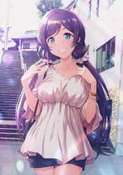 Rule 34 | 1girl, aqua eyes, birthday, bracelet, breasts, casual, collarbone, commentary request, cowboy shot, dated, day, grin, hands up, highres, jewelry, large breasts, light rays, long hair, love live!, love live! school idol project, low twintails, photo background, purple hair, shamakho, signature, smile, solo, standing, sunbeam, sunlight, sweat, teeth, tojo nozomi, twintails