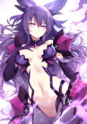 Rule 34 | 1girl, absurdres, armor, armored dress, aura, black gloves, black hair, bow, breasts, cleavage, cowboy shot, dark persona, date a live, dress, elbow gloves, expressionless, female pubic hair, gloves, hair bow, half-closed eyes, hand on own chest, heart, heart-shaped pupils, highres, long hair, looking at viewer, medium breasts, navel, pubic hair, purple eyes, purple hair, pussy, pussy juice, see-through, shanyao jiang tororo, solo, symbol-shaped pupils, thighhighs, tsurime, uncensored, yatogami tooka, yatogami tooka (true form)